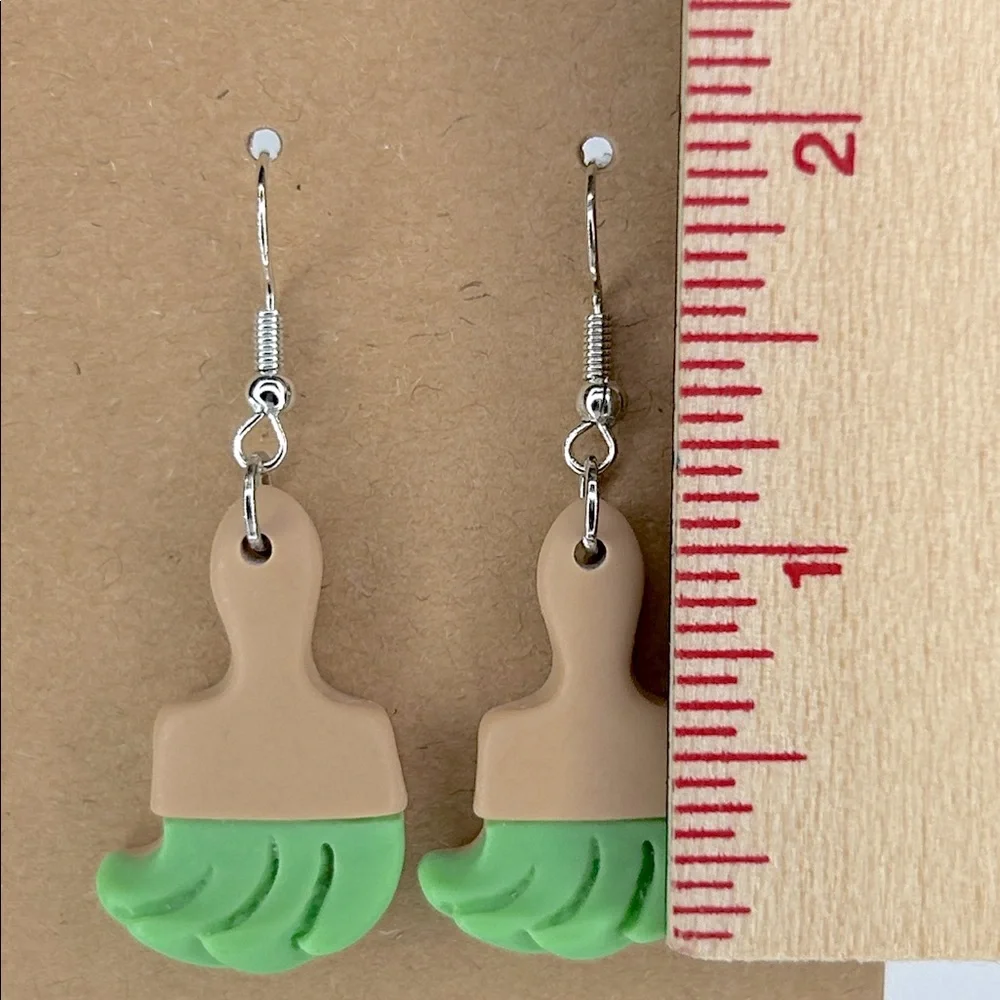 *LAST ONE* Green Acrylic Paint Brush Drop Earrings, Art Teachers Fashion Jewelry - Picture 2 of 2